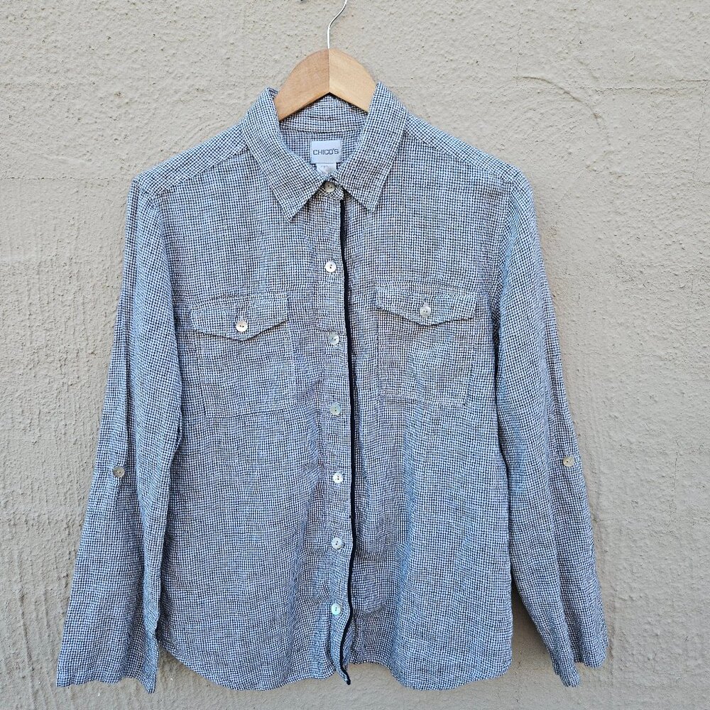 Chicos Checked Linen Button Up